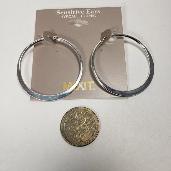 MIXIT Polished Silver tone 1.5 inches Hoop Latch Backs  Earrings - Picture 6 of 7